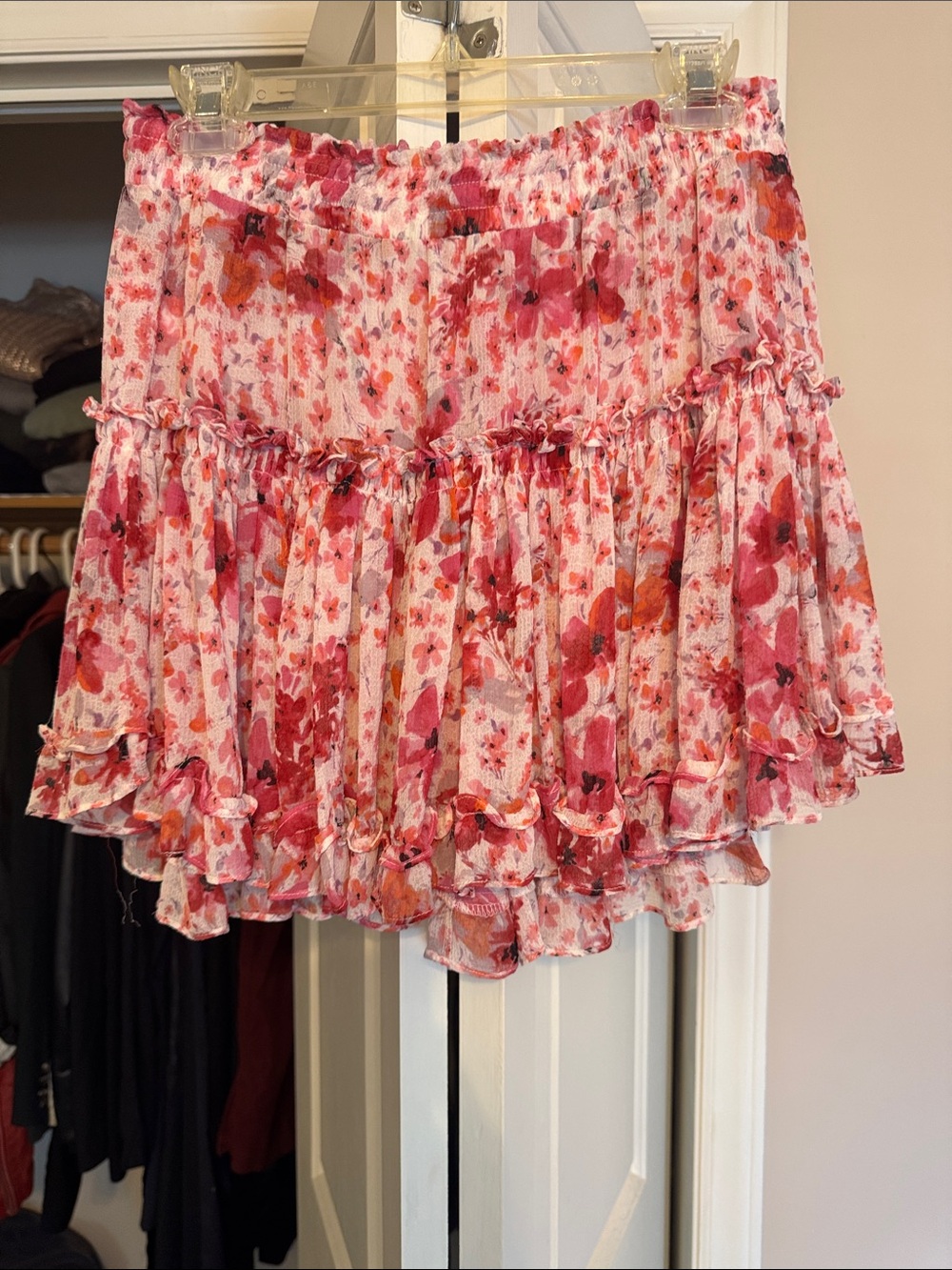 Misa Los Angeles Pink & Red Floral Ruffle Mini Skirt